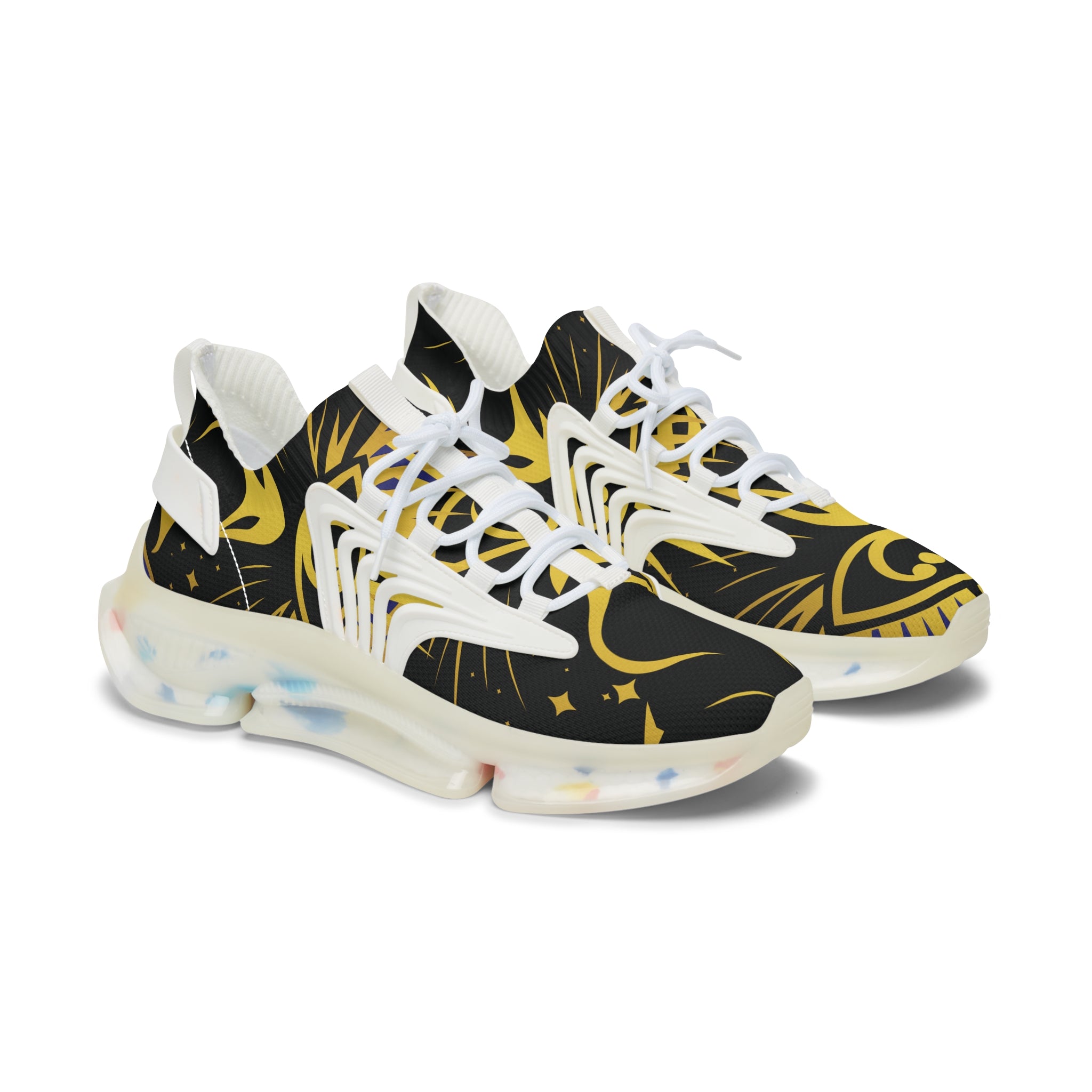 OREN Women's Mesh Sneakers — Black & Gold Celestial Pattern Athletic Shoes