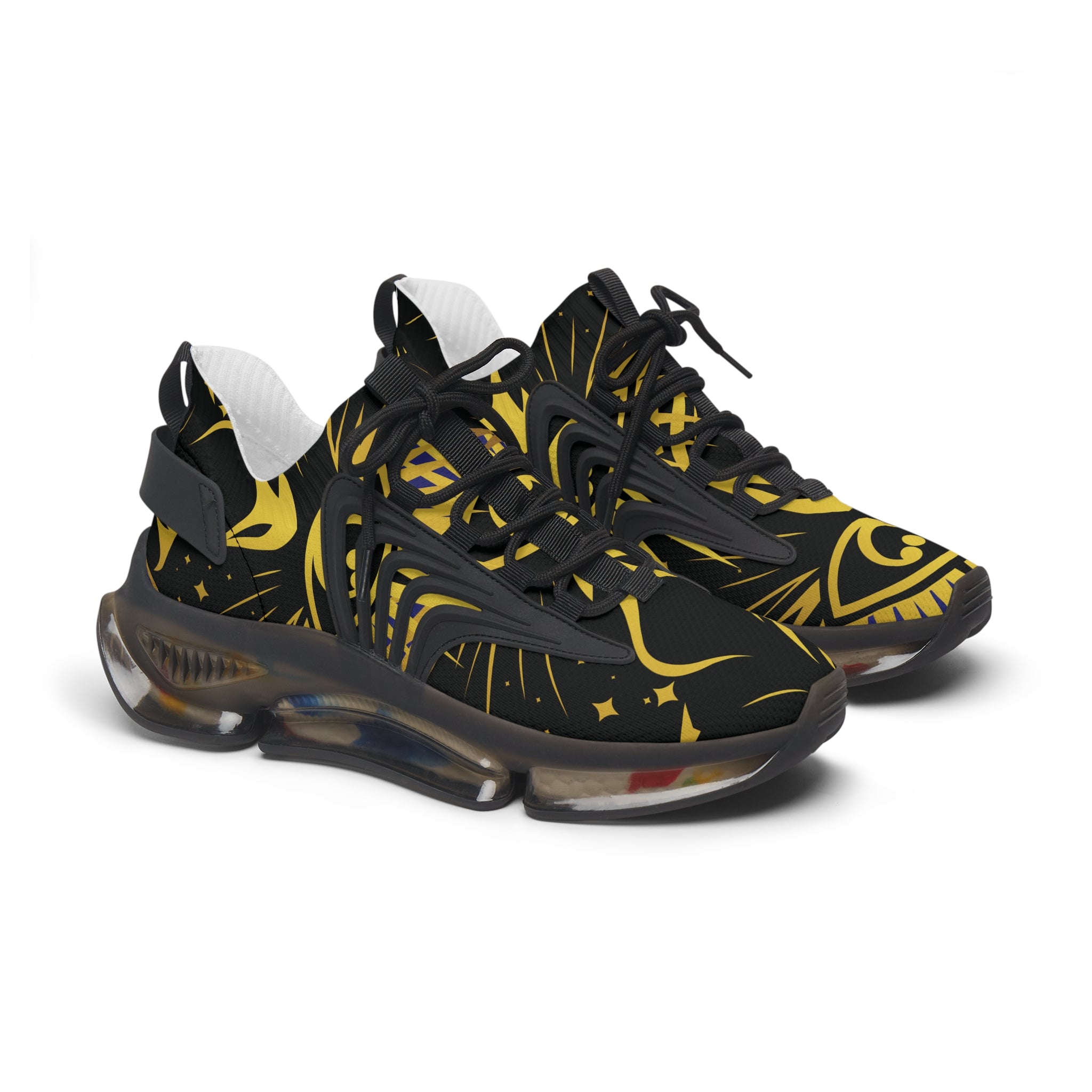 OREN Women's Mesh Sneakers — Black & Gold Celestial Pattern Athletic Shoes