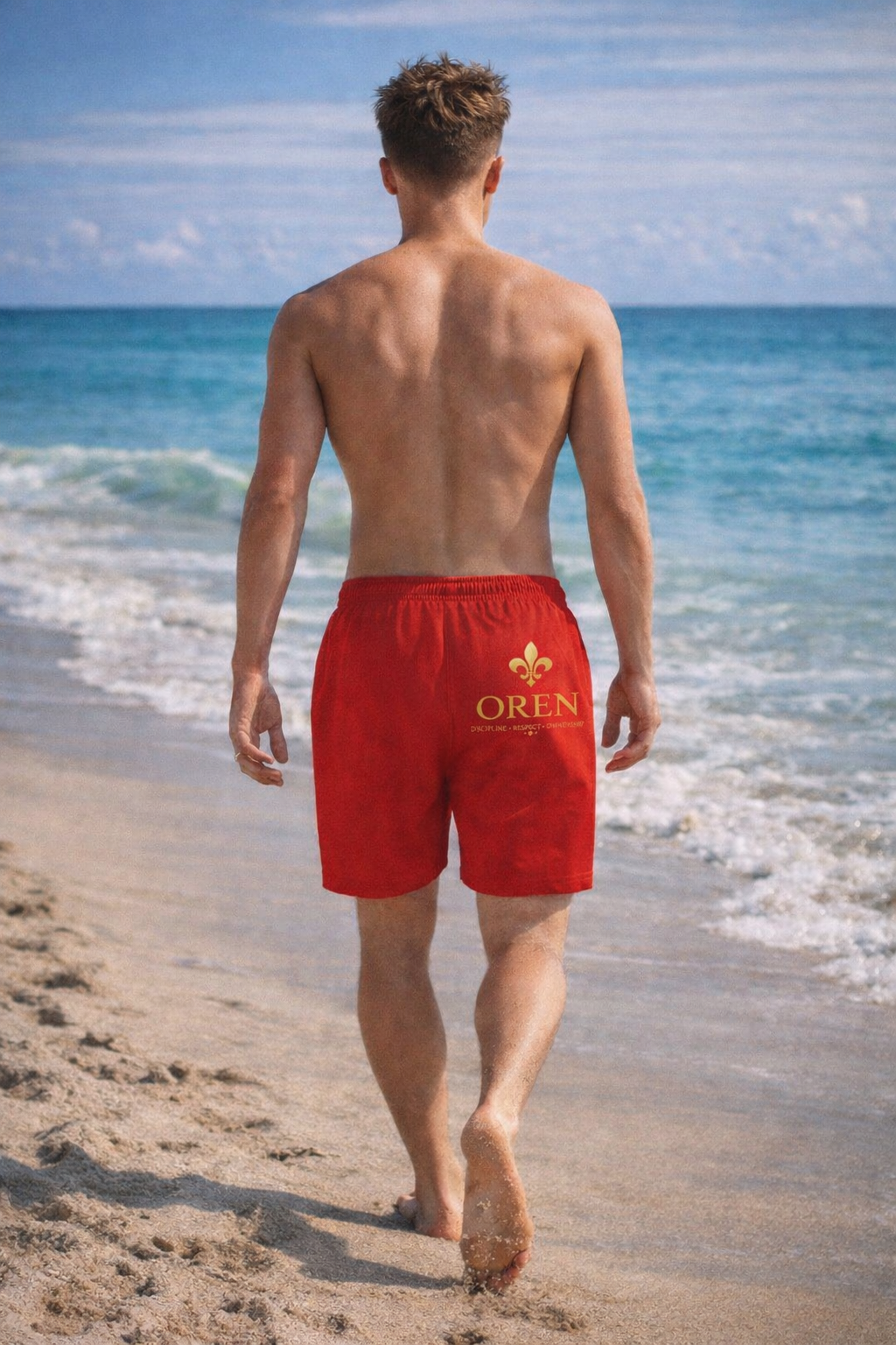 Built Different Swim Trunks – Red AOP Athletic Beach Shorts with Motivational Crest