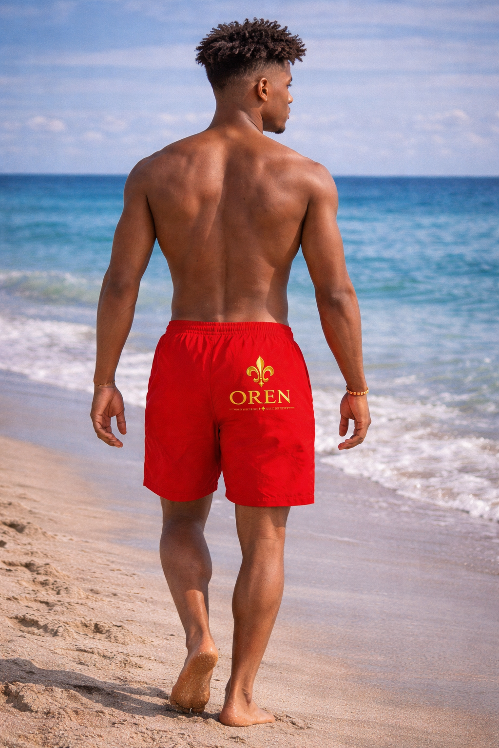 Built Different Swim Trunks – Red AOP Athletic Beach Shorts with Motivational Crest