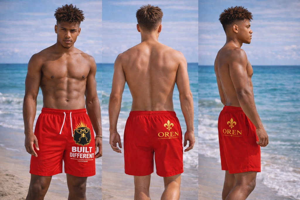 Built Different Swim Trunks – Red AOP Athletic Beach Shorts with Motivational Crest